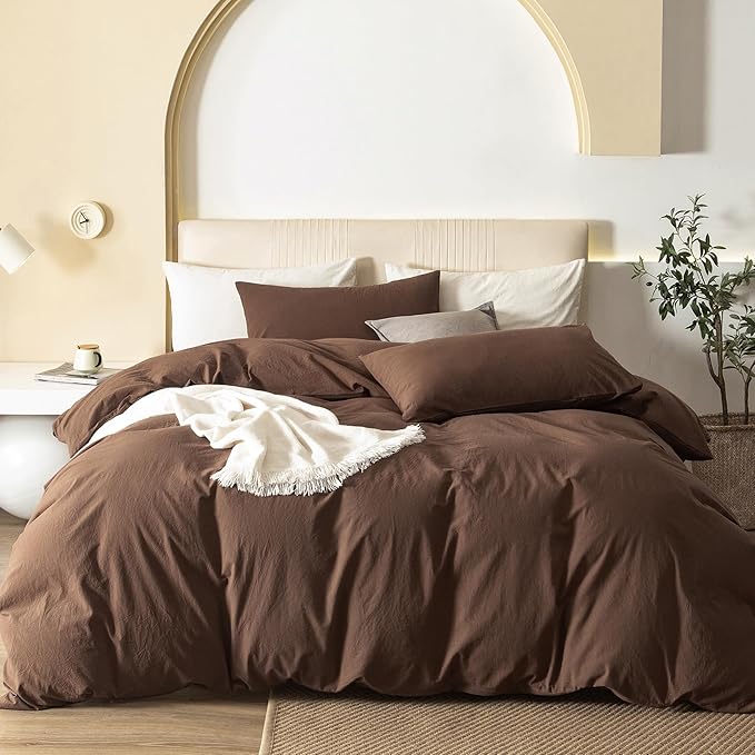 JIYUAN 100% Washed Cotton Duvet Cover Set 3 Pieces King, 1 Duvet Cover 104x90 Inches(Comforter Not Included) and 2 Pillowcases,Linen Feel Bedding Set Comfy and Breathable,Chocolate Brown