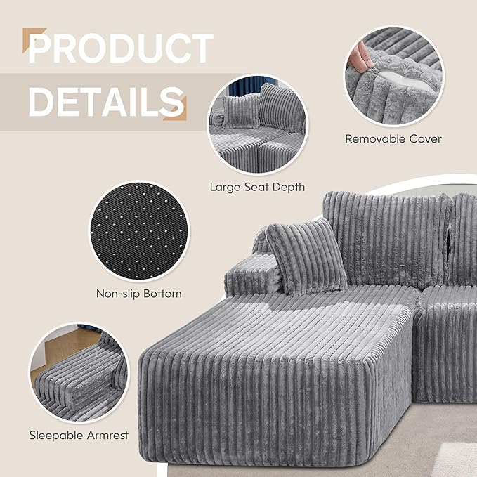 Hobestluk Modular Sectional Sofa Couches L-Shape Couch 3 Seat Modular Sofa Memory Foam Sectional Couches for Living Room, Cloud Couch with Oversized Chaise (108" Left Facing Chaise)