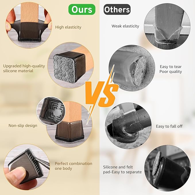 24PCS Square Chair Leg Floor Protectors, Furniture Sliders, Chair Leg Protectors for Hardwood Floors, Non-Slip Felt Furniture Pads, Silicone Cap Covers to Protect Floors, (Fit 1.1" - 1.5")