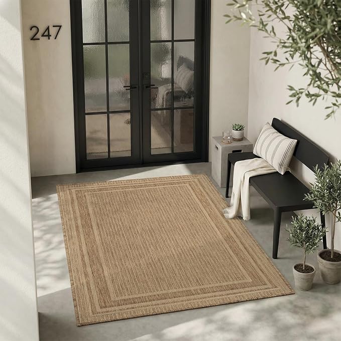 MontVoo-3x5 Outdoor Rug Porch Entryway Rug-Polypropylene Indoor Outdoor Rugs for Entryway Kitchen Balcony Patio, Textured Weave, Durable, Fade-Resistant, Non-Shedding, Modern Neutral Brown