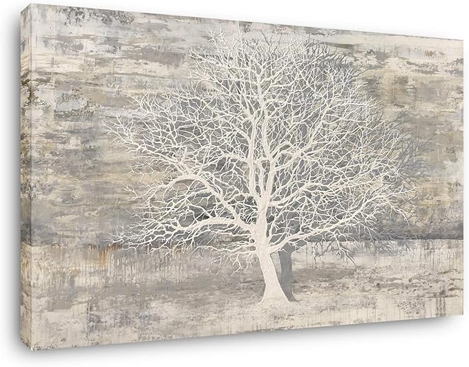 Yihui Arts Tree Of Life Canvas Wall Art Hand Painted Grey White Beige Paintings