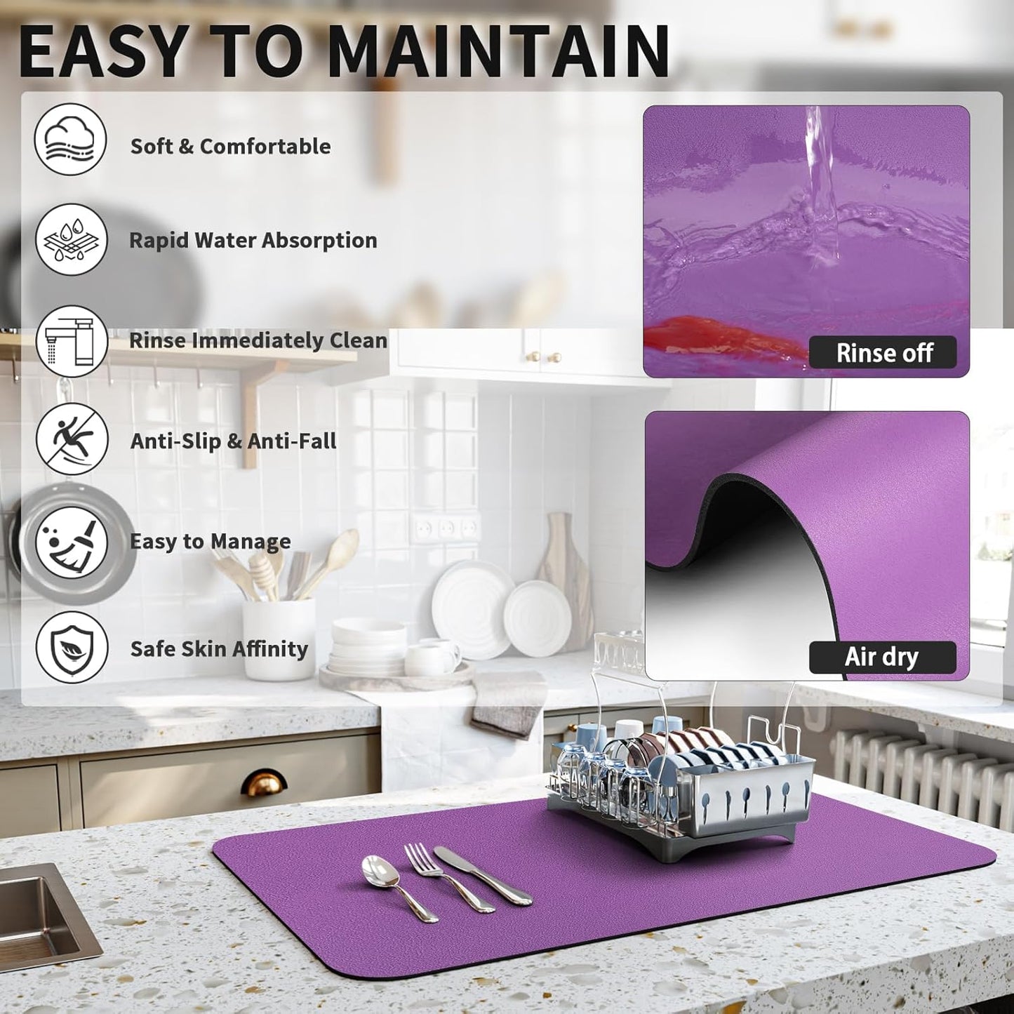 Dish Drying Mat for Kitchen Counter, Heat Resistant Drainer Mats with Non-slip Rubber Backed, Hide Stain Kitchen Super Absorbent Draining Mat, Easy to Clean Dish Rack Pad, Purple 18"x32"