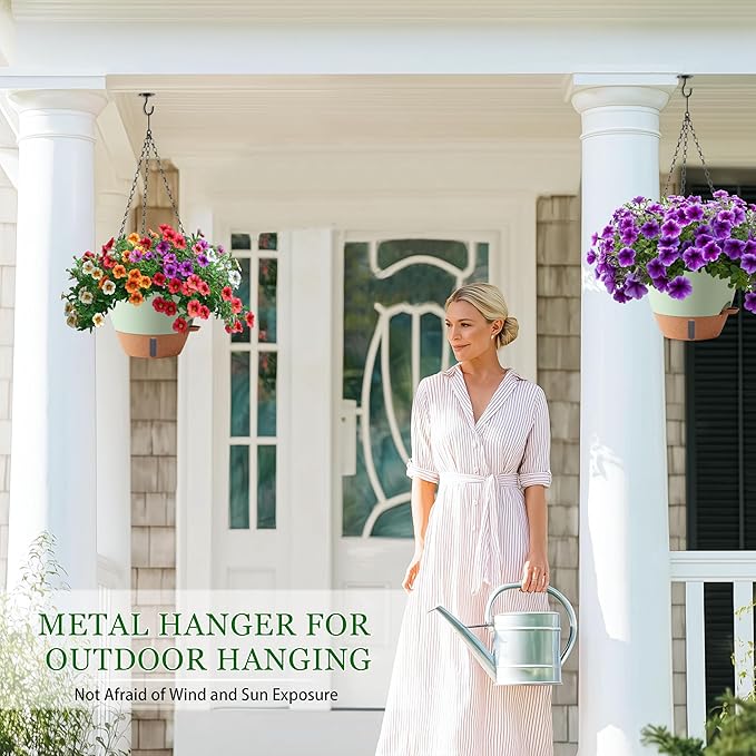 10 Inch Hanging Planters for Indoor Plants, 2 Pack Self Watering Hanging Baskets Flower Pots with Drainage Hole, Visual Reservoir & 2 Kinds of Plant Hanger for Home Decor(Green)