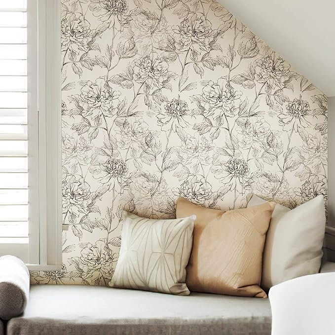 JiffDiff Black and White Floral Wallpaper 17.3" x 394" Peonies Removable Peel