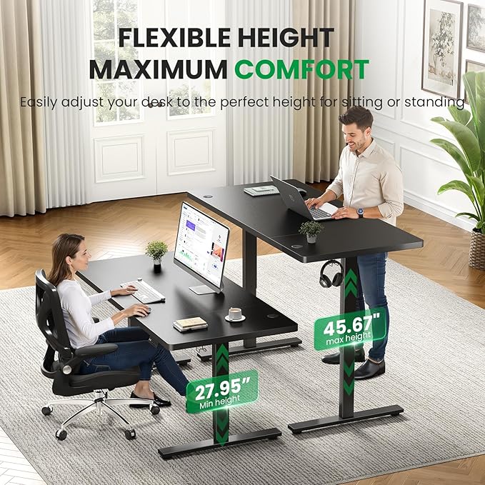 Electric Standing Desk Adjustable - 71x30 Inch Sit Stand Desk with 1 Inch Thick Tabletop, Double Beam Frame, 3 Memory Height Adjustment, Cable Management for Home Office