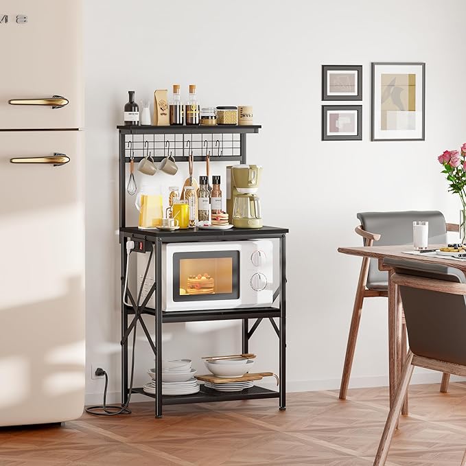 Furologee Kitchen Bakers Rack with Power Outlet, Microwave Oven Stand with Storage 4 Tiers, Coffee Bar Table with 6 S Hooks, Kitchen Storage Shelf Rack for Spices, Pots,Black