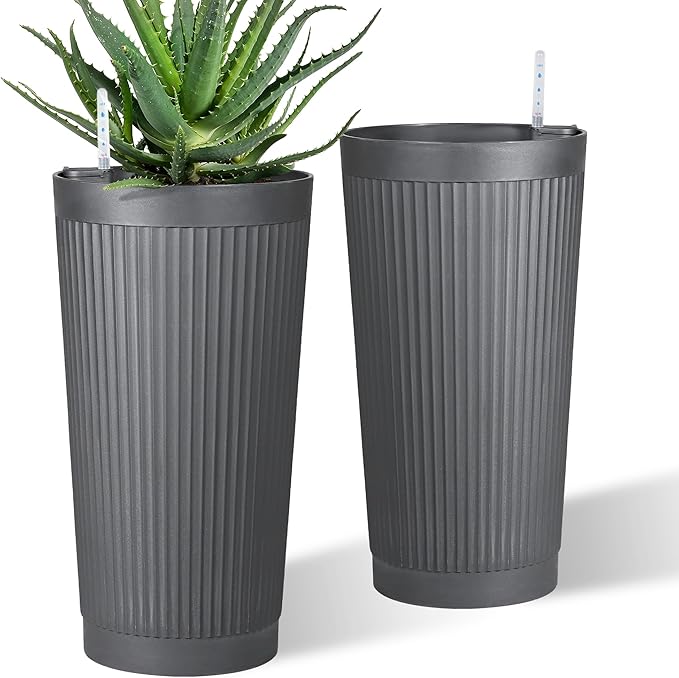 TUYOHW Self-Watering 24in Plastic Round Planter with Vertical Ribbed Design – Indoor Outdoor Flower Pot for Plants, Herbs, and Small Trees, Set of 2