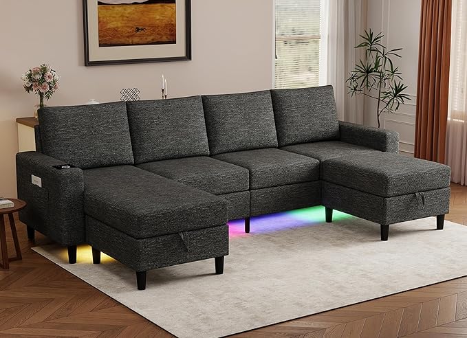 Smart Sectional Couches for Living Room, 6 Seat U/L Shaped Sectional Sofa with RGB Light/Charging, Modern Living Room Furniture for Apartments/Office/More (Dark Grey)