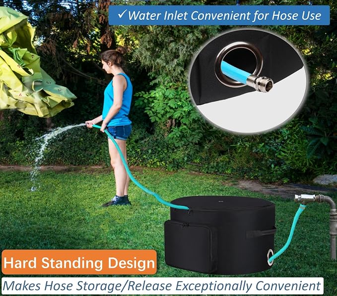 Garden Hose Holder Standing Bag, Water Hose Holder Pot Bag for Outside, with Hose Entry Hole; Drainage & Breathable Holes; Small Tool Storage Pocket (black)