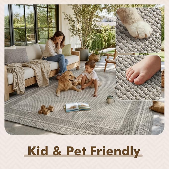 MontVoo-Outdoor Rug-Patio Rug 6x9 ft Polypropylene Indoor Outdoor Rugs Outdoor Carpet for Patio Deck Balcony Porch, Textured Weave, Durable for High Traffic, Fade-Resistant, Modern Silver Grey
