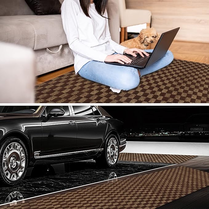 2' x 20' Runner Rugs with Rubber Backing, Indoor Outdoor Utility Carpet Runner Rugs, Checkered Brown, Can Be Used as Aisle for The RV and Boat, Laundry Room and Balcony