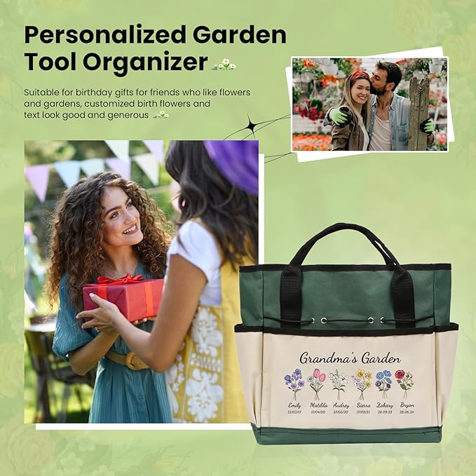 Personalized Garden Tools Set for Women: Custom Text Garden Tool Bag and Garden Shovel & Transplant Shovel & Hand Rake - Gardening Gifts for Mom Grandma Gardening Lover (6 Flowers)
