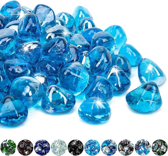 Mr. Fireglass 10 Pounds Diamond Fire Glass, 1 inch High Luster Reflective Fire Pit Glass Rocks for Propane & Natural Gas Fire Pits Fireplace & Lanscape, Caribbean Blue