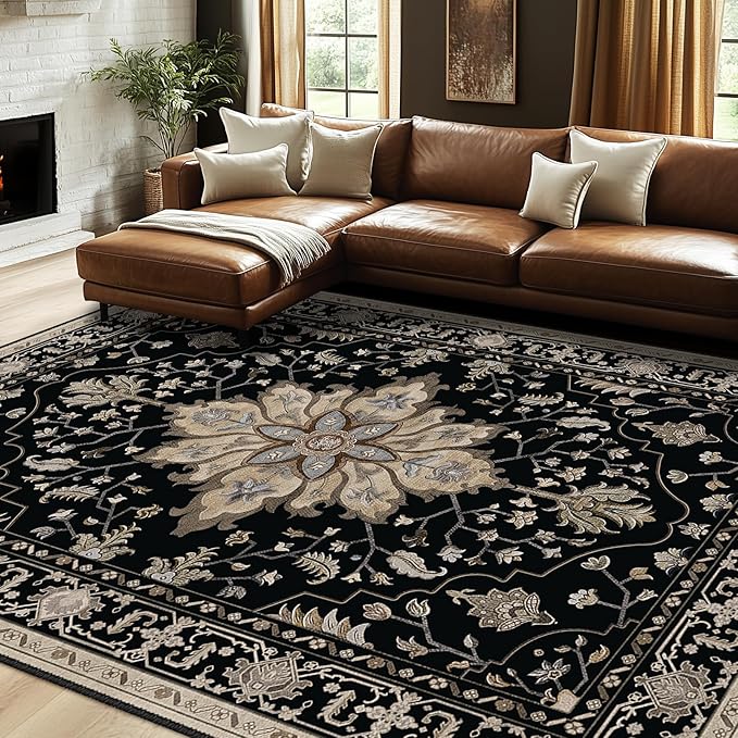 Area Rugs 7'x10' Washable Non-Slip, Floral Vintage Distress Print Pattern Medallion Carpet for Living Room Bedroom Dining Room, Black Brown Neutral Dark Tan