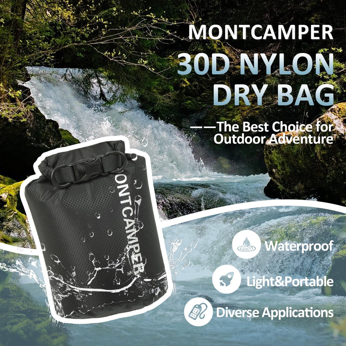 MONTCAMPER Waterproof Dry Bag 3L – 30D Nylon Roll Top Dry Sack with PU Coating, Lightweight Water-Resistant Storage for Kayaking, Camping, Hiking, Fishing & Beach (Black)