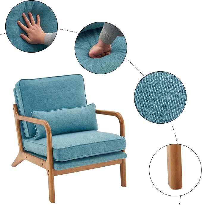 Bonnlo LinenTeal Mid Century Modern Accent Chair, Soild Wood Padding Lounge Armchairs Side Sitting Chairs for Living Room, Bedroom, Guest Room