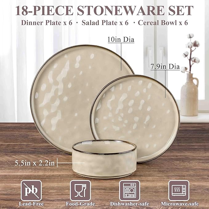 Herogo Dinnerware Dishes Sets, 18 Pieces Plates and Bowls Sets for 6, Kitchen Serving Dishes, Dishwasher & Microwave Safe, Cream Khaki