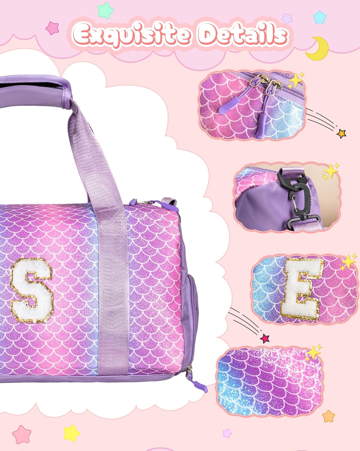 Skiennix Girl Gym Bag - Stylish Weekender Tote with Shoe Compartment & Makeup Pouch | Perfect Gift for Ages 3-12 (Letter S)