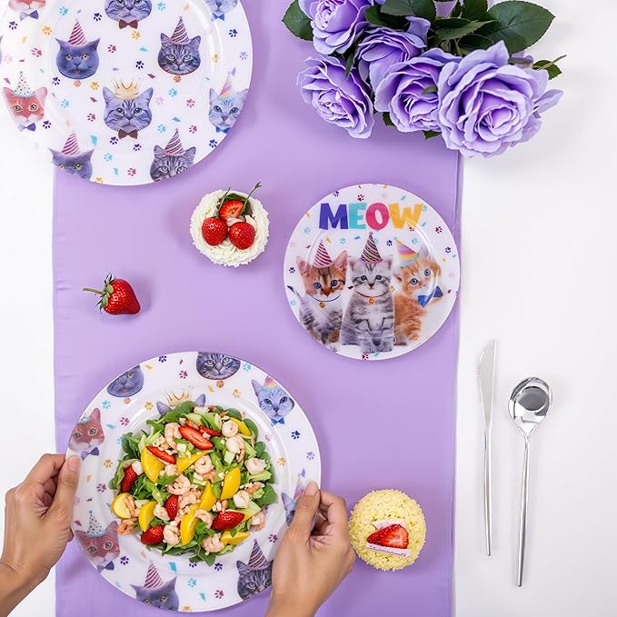 WELLIFE 20PCS Cat Theme Party Plates - Reusable Plastic Dinner & Dessert Plates (10×9.2" + 10×6.3") Kitten Birthday Party Supplies for Kids, Cute Cat Decorations for Girls Party
