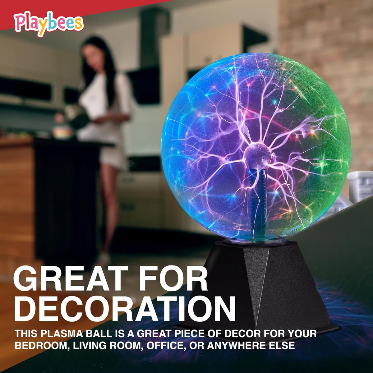 Playbees Plasma Ball 7-Inch - Colorful Tesla Coil Globe with Multicolor Lightning Effects for STEM Learning & Parties