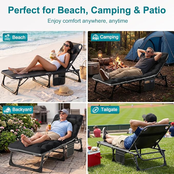 ABORON Tanning Chair, 5-Position Padded Folding Chaise Lounge | 5-position folding chaise lounge supports 500 lb and has a removable cushion and pillow for sunbathing, poolside or patio.