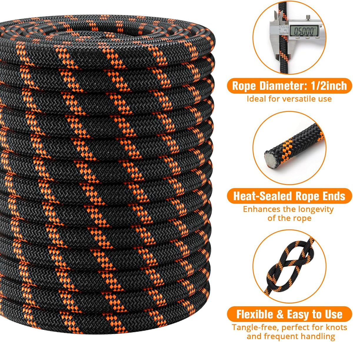 Skiennix Double Braided Arborist Rigging Rope - Heavy Duty 1/2" x 150 ft Polyester for Tree Work | Black