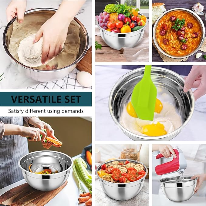 P&P CHEF Mixing Bowl with Lid Set of 7, Stainless Steel Nesting Salad Bowls for Cooking Serving Prepping, Clear Lids & Stackable Design, Size 4.6, 3.5, 3, 2, 1.5, 1, 0.7 Qt - Blue