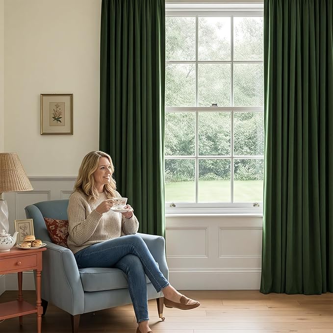 NICETOWN Olive Green Velvet Curtains 96 inch Long