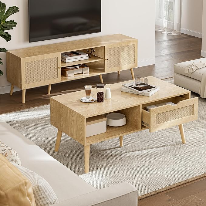 Coffee Table with Storage, Boho Dining Table with Rattan Drawer and Solid Wood Legs, Small Coffee Tables for Living Room, Oak
