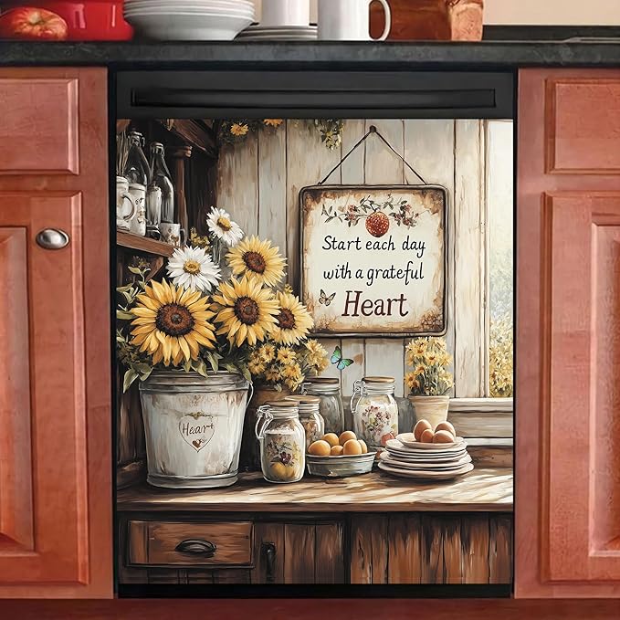 Generic Pastoral Style Sunflower Dishwasher Magnet Cover Kitchen Decor,Wood Grain Daisy Butterfly Dishwasher Sticker,Inspiring Quotes Refrigerator Panel Decals,Home Appliances Magnetic 23x26