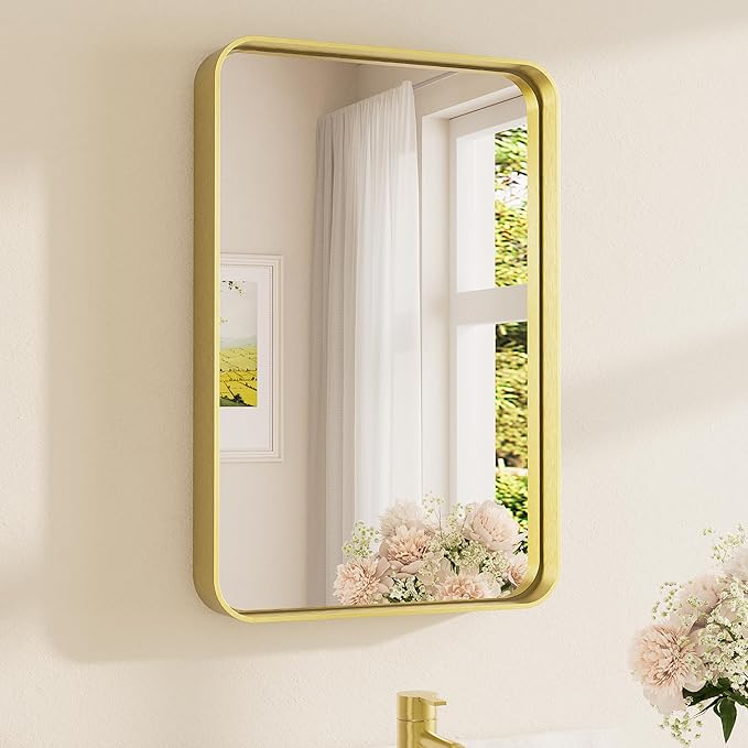 TETOTE 16 x 24 Inch Brushed Gold Frame Mirror, Brass Gold Bathroom Vanity Mirror
