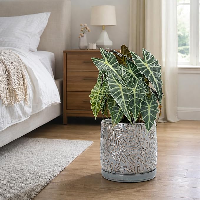 D'vine Dev 10 Inch Embossed Leaves Stoneware Planter Pot with Drainage Hole and Saucer, Graphite Blue, 27-A-P-9