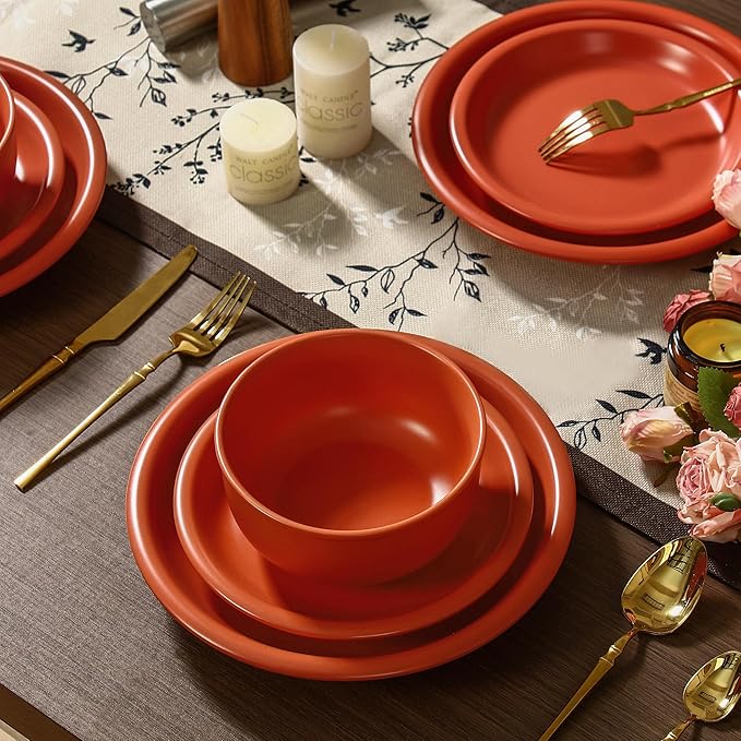 GZG Vintage Series - Ceramic Dinnerware Set for 4, 12 Pieces Stoneware Plates and Bowls Set, Lead-Free, Handcrafted Dishes Set, Microwave & Dishwasher Safe - Terracotta Red