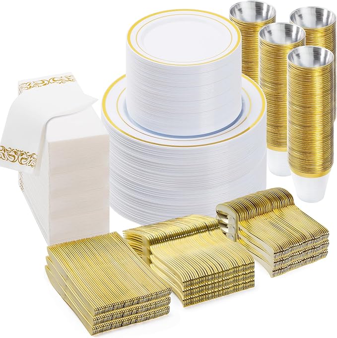 BESTVIP 700 PCS Gold Dinnerware Set for 100 Guests, Plastic Dinnerware Set for Party, Christmas, Halloween, Include: 200 Plastic Plates, 100 Gold Silverware, 100 Cups, 100 Paper Napkins