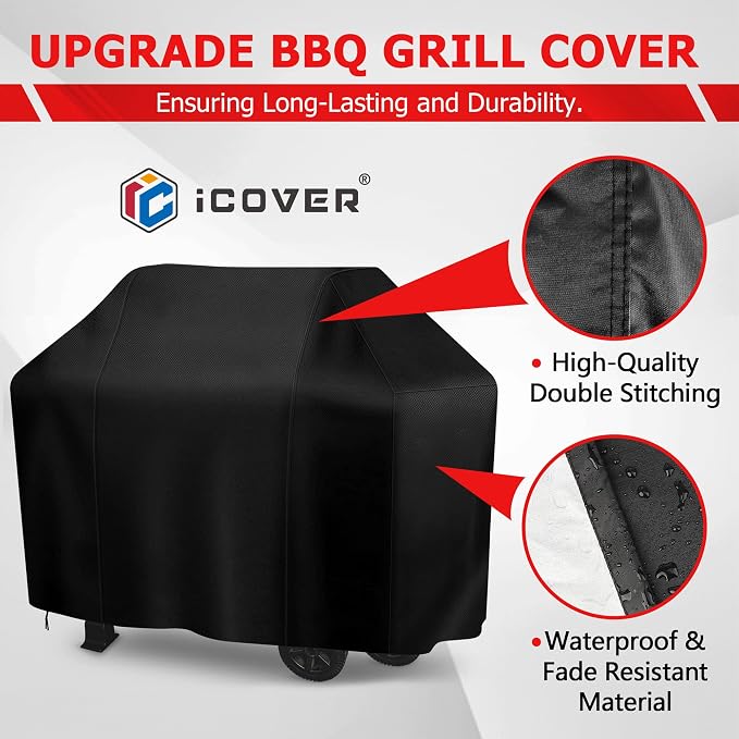iCOVER Grill Cover, 55 inch BBQ Grill Cover for Outdoor Grill, Anti-UV & Fade Resistant Gas Grill Cover, Waterproof Barbecue Grill Covers for Weber, Char-Broil, Nexgrill and More, Black