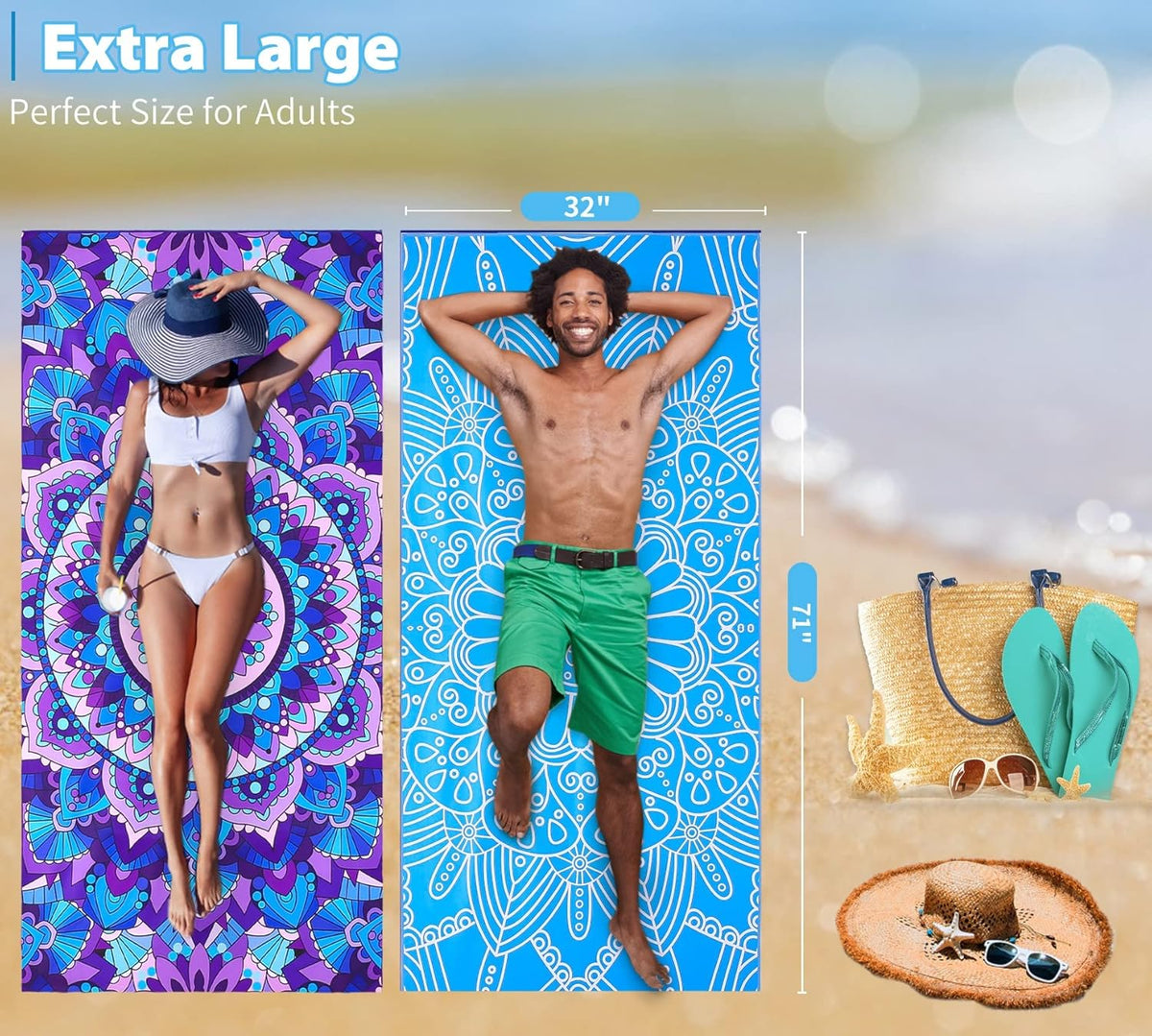Skiennix Microfiber Beach Towels - Oversized 71x32" Sand-Free Travel Essentials for Adults & Kids