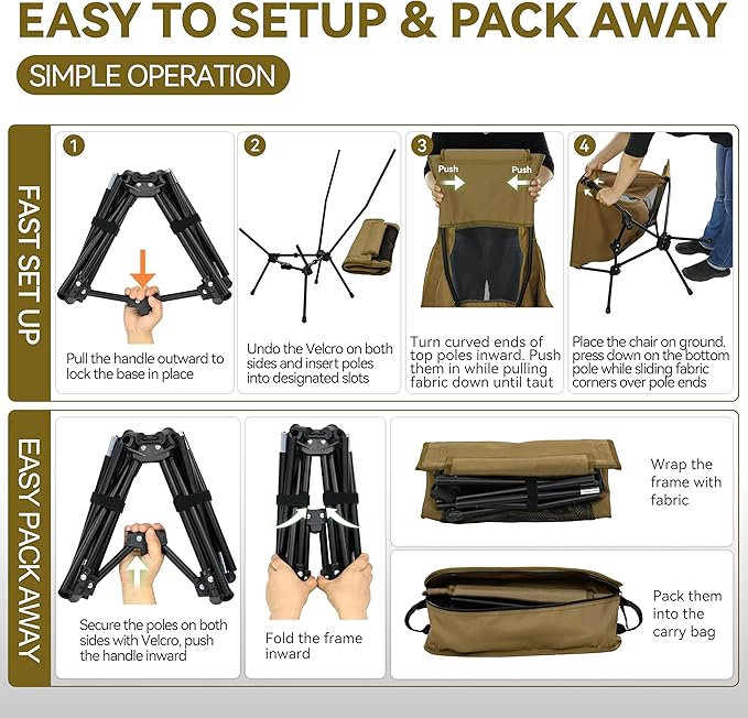 MARCHWAY Lightweight Folding High Back Camping Chair with Head Support, Stable Portable Compact for Outdoor Camp, Travel, Beach, Picnic, Festival, Hiking, Backpacking (Highback Khaki)