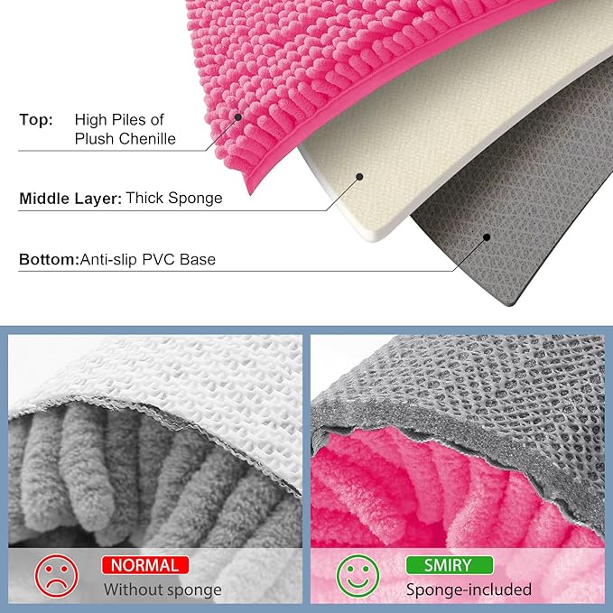 Smiry Luxury Chenille Bathroom Rugs 34x21, Extra Soft and Absorbent Shaggy Bath Mat, Machine Washable, Non-Slip Plush Carpet Runner for Tub, Shower, and Floor, Home Decor Accessories, Hot Pink