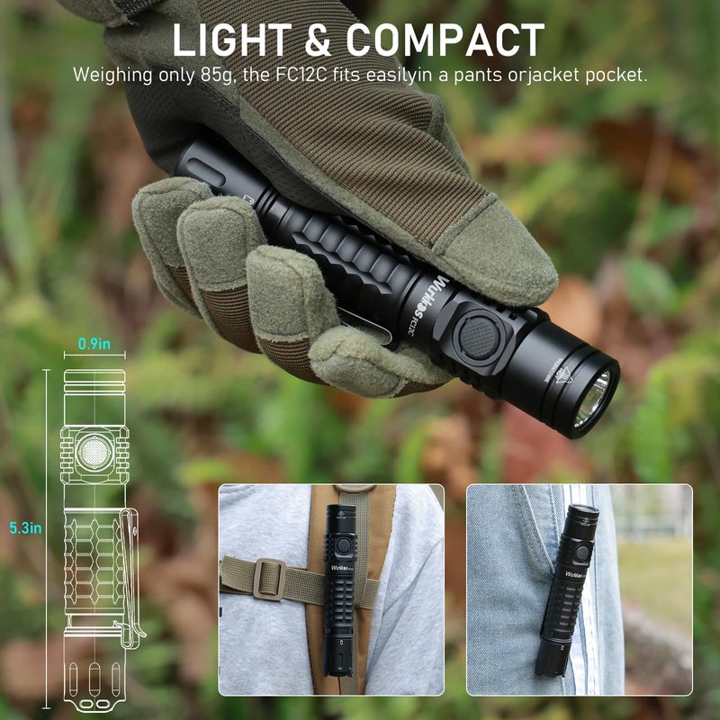 Wurkkos FC12C Tactical Flashlight 1600 High Lumens, Rechargeable LED Flashlights, 332M Long Throw Flash Light, IP68 Waterproof, Dual Switches and Constant Current Circuit for Home Camping Hiking