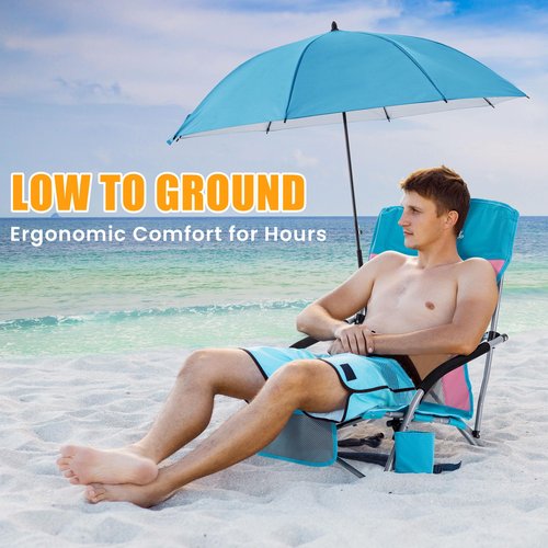 Folding Beach Chair with Umbrella for Adults, 2 Pack Portable Low Beach Chairs with 300lbs Capacity, Lightweight Fodable Camping Chair for Travel, Picnic, Concert & Outdoor Activities, Blue-Pink