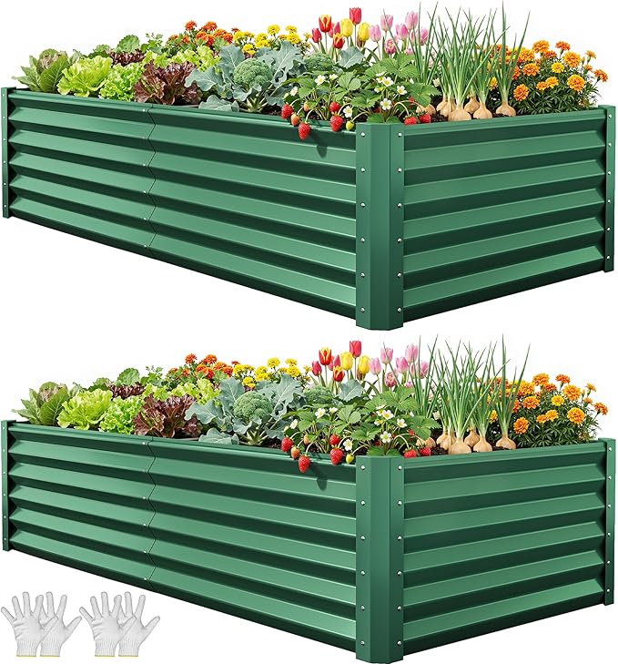 YITAHOME 6x3x1.5 2pcs Large Raised Garden Bed Kit, Galvanized Metal Planter Box with Gloves, Support Rod, Outdoor Above Ground Planters for Plants Vegetables Flowers, Green
