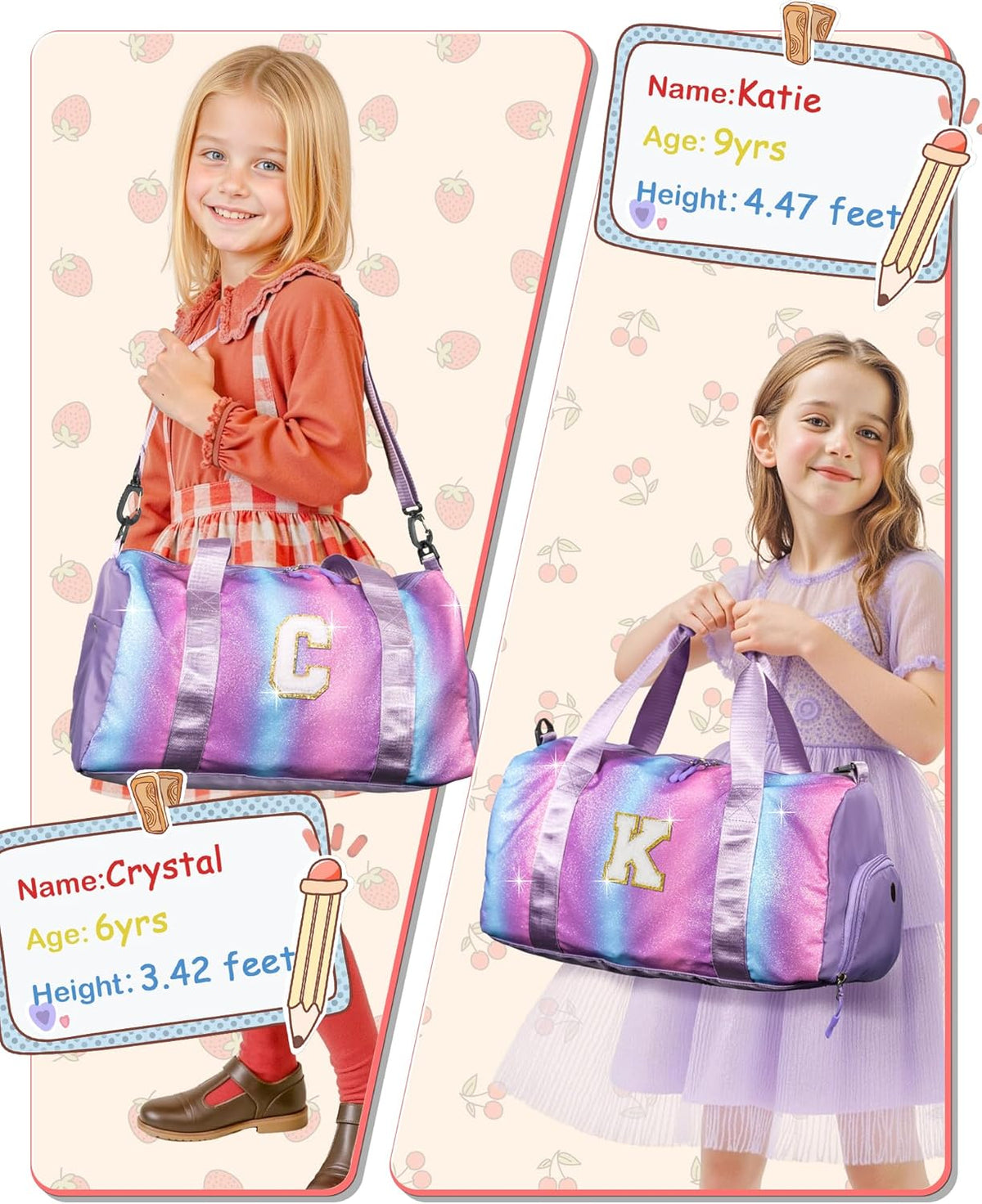 Skiennix Personalized Gym Bag for Girls - Stylish Weekender with Shoe Compartment & Makeup Pouch | Ages 4-11 (Letter A)