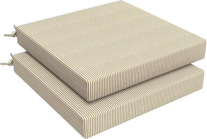 LVTXIII Outdoor Seat Cushions Seasonal Replacement Chair Cushions, Patio Chair Pads with Ties for Dining Chairs and Garden Furniture, Square Back, 22"x22"x3", 2 Pack, Strip Beige
