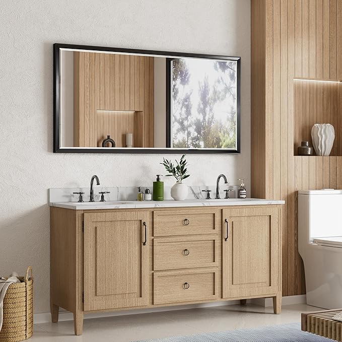 48 x 24 Black Framed Mirror for Bathroom, Beveled Black Bathroom Vanity Mirror