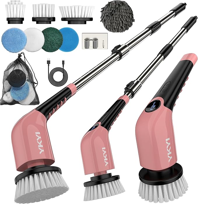 YKYI Electric Spin Scrubber-Cordless Power Scrubber with 8 Brush Heads, 3 Speeds & Adjustable Long Handle, IPX7 Waterproof Shower Cleaning Brush for Bathroom Tile, Bathtub, Grout, Kitchen(Pink)