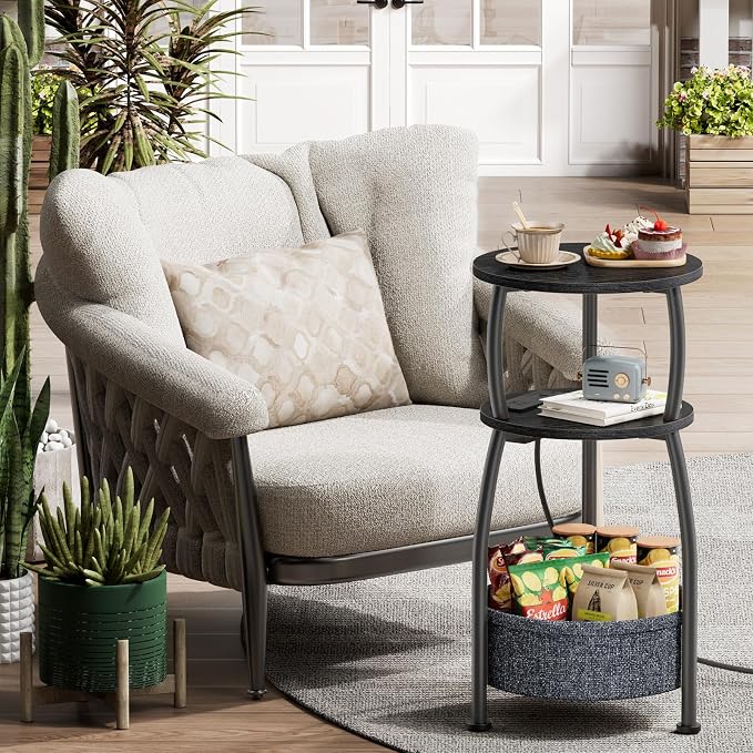 Round Side Table with Power Outlets, Small Coffee Table with S Basket, Space Saving End Table 3-Tier Bedside Corner Table Stand for Living Room, Bedroom, Garden 11.8in Classic Black
