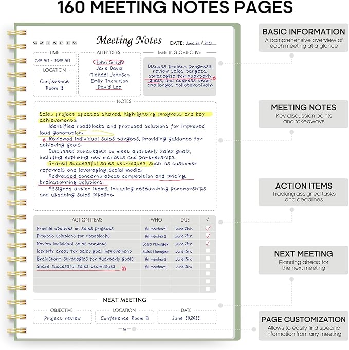 Taja Meeting Notebook for Work Organization - Work Planner Notebook with Action Items, Agenda Planner for Note Taking, 160 Pages (6.9" X 9.9") Project Organizer for Men & Women - Green