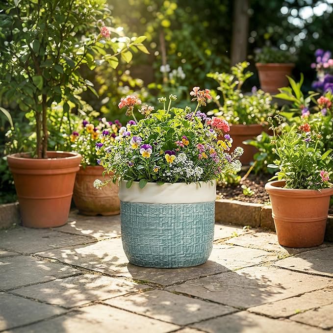 9.8 Inch Plant Pot - Ceramic Pots for Plants with Drainage Hole, Boho Plant Pots for Indoor Outdoor Plants, Decorative Round Planters, Porch Office Home Decor, Housewarming Gifts, Blue