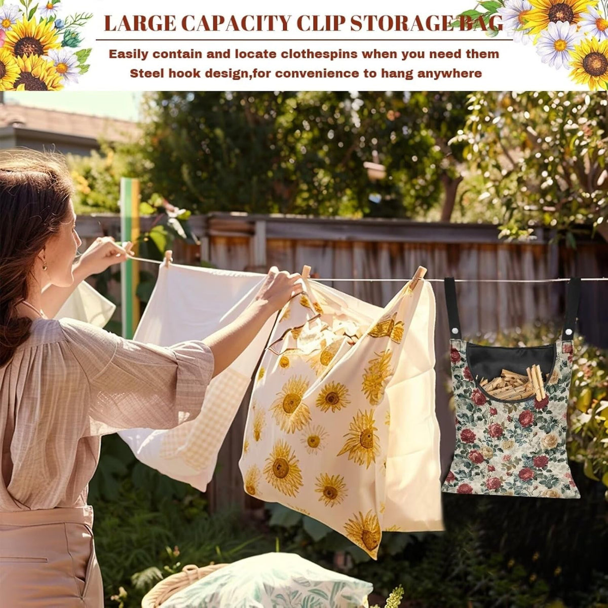 2 Pcs Rose Clothespin Laundry Bag, Clothes Lines for Clothes Outside, Hanging Storage Organizer with Hanging Rope for Home Outdoor