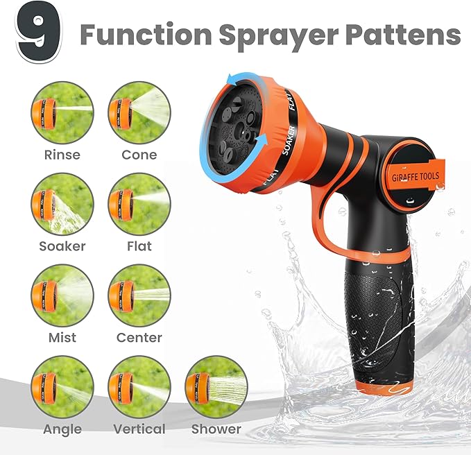 Giraffe Tools Garden Hose 75ft x 5/8", 304 Stainless Steel Metal Water Hose, No Kink Garden Water Hose with 9 Pattern Spray Nozzle, Flexible, Lightweight, Kink Free Hose for Yard, Outdoor